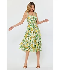 Current Air Lemon Print Square Neck Sleeveless Tiered Ruffle Hem Fit & Flare Midi Dress