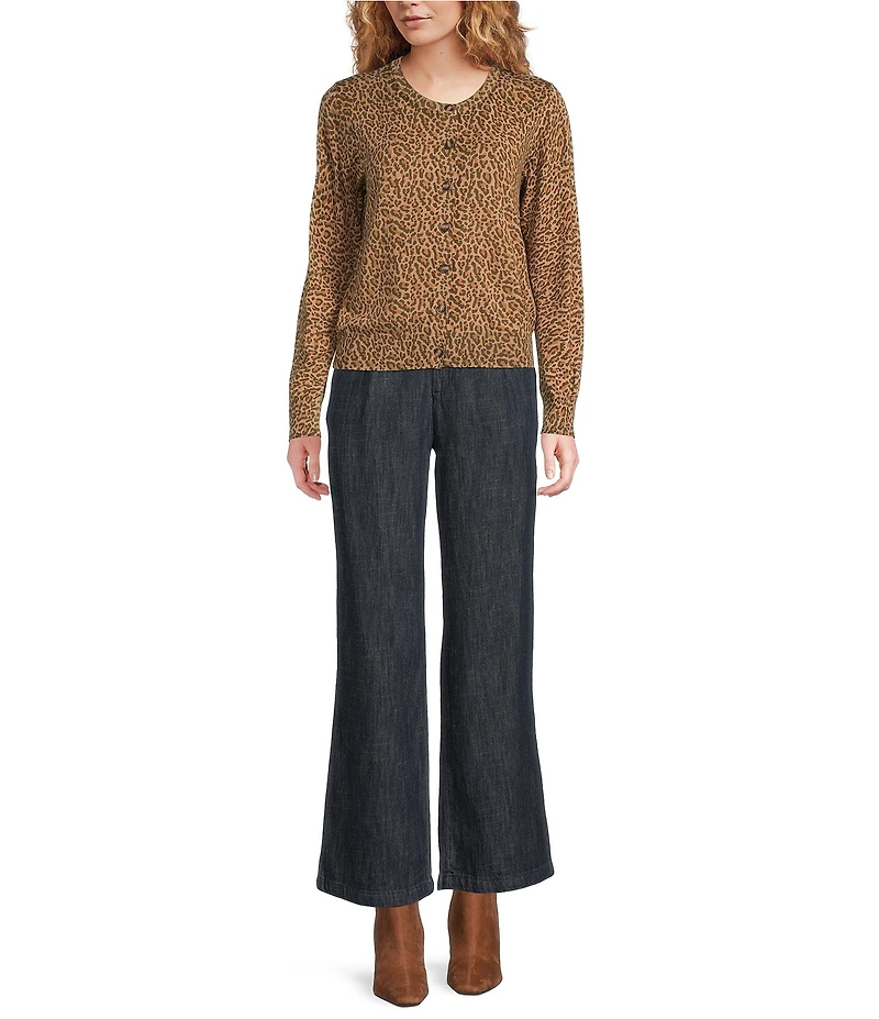 Current Air Leopard Print Crew Neck Long Sleeve Button Front Cardigan