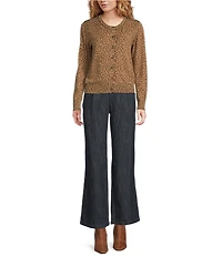 Current Air Leopard Print Crew Neck Long Sleeve Button Front Cardigan