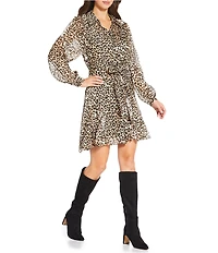 Current Air Leopard Print Point Collar Long Sleeve Button Front Godet Dress
