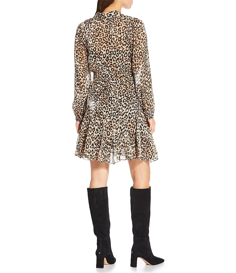 Current Air Leopard Print Point Collar Long Sleeve Button Front Godet Dress