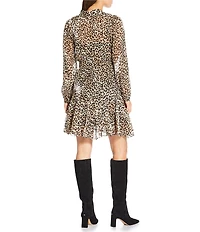 Current Air Leopard Print Point Collar Long Sleeve Button Front Godet Dress