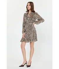Current Air Leopard Print Point Collar Long Sleeve Button Front Godet Dress