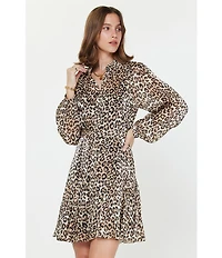 Current Air Leopard Print Point Collar Long Sleeve Button Front Godet Dress