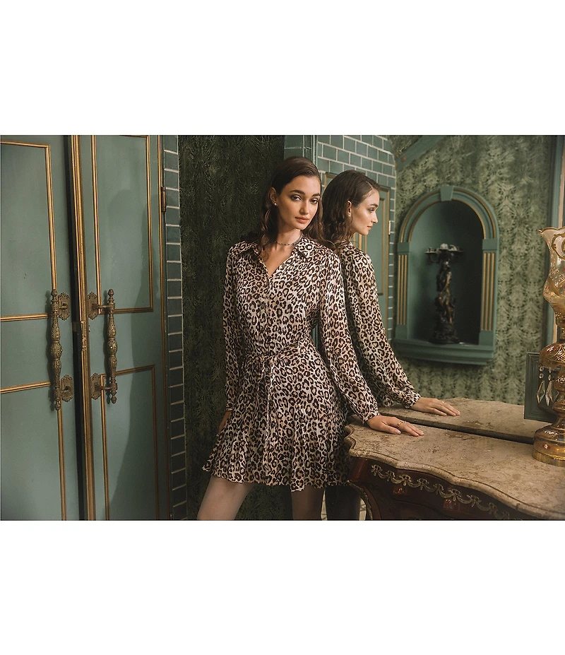 Current Air Leopard Print Point Collar Long Sleeve Button Front Godet Dress