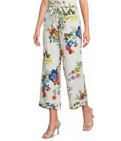 Current Air Linen Blend Floral Sash Tie Decorative Ladder Lace Hemmed Pants