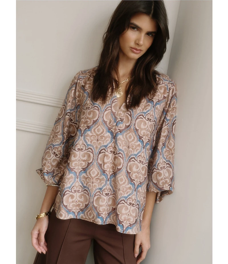 Current Air Medallion Print Split V-Neck Long Sleeve Top