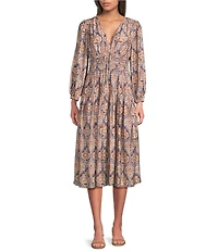 Current Air Medallion Print V-Neck Long Sleeve Pleated Midi Dress