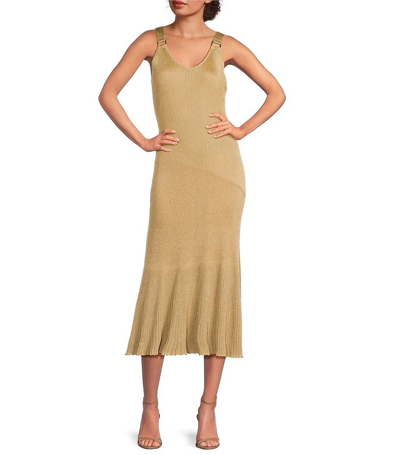 Current Air Metallic Knit V-Neck Sleeveless Buckle Strap A-Line Dress