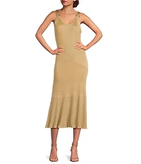 Current Air Metallic Knit V-Neck Sleeveless Buckle Strap A-Line Dress