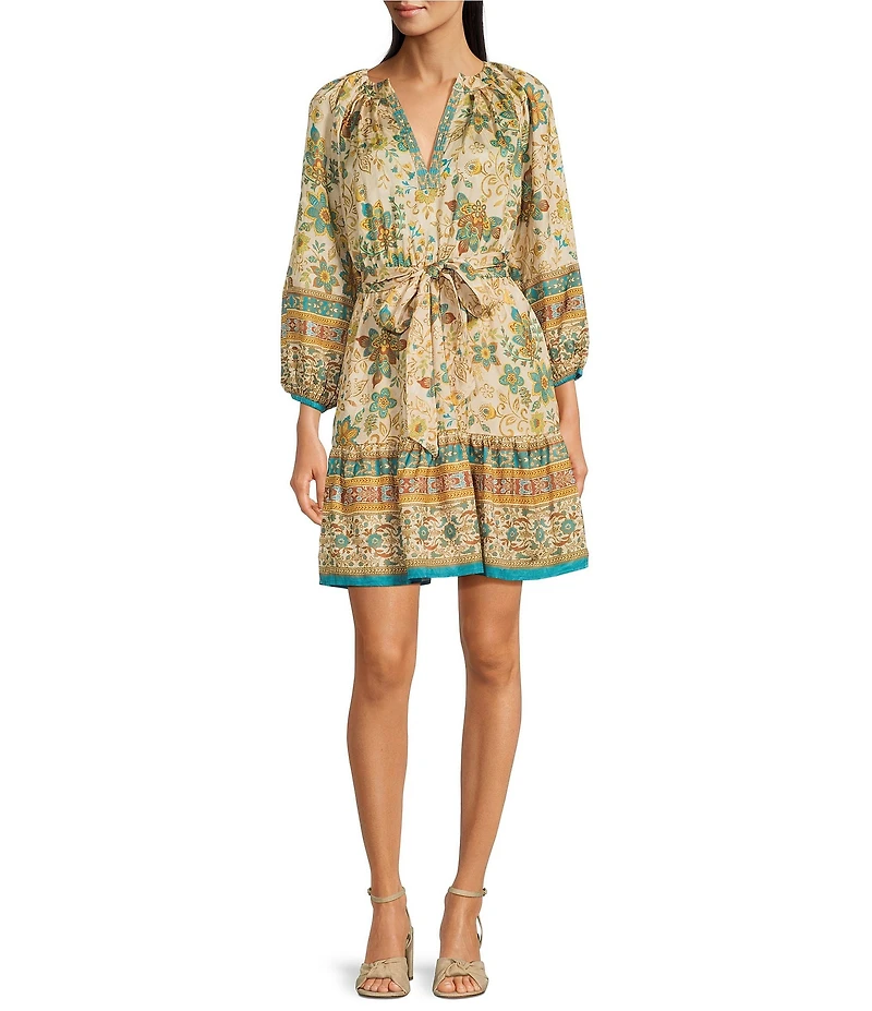 Current Air Mix Floral Border Print Split V-Neck Tie Waist Dress
