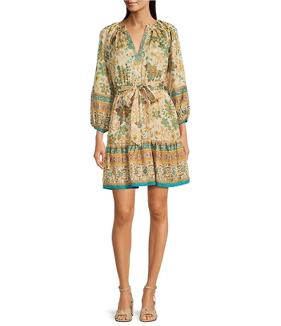 Current Air Mix Floral Border Print Split V-Neck Tie Waist Dress