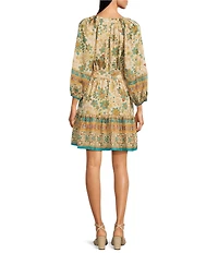 Current Air Mix Floral Border Print Split V-Neck Tie Waist Dress