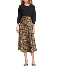 Current Air Mix Media Cheetah Crew Neck 3/4 Sleeve A-Line Midi Dress