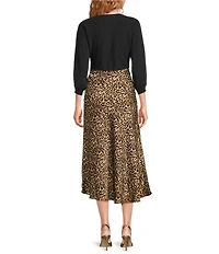 Current Air Mix Media Cheetah Crew Neck 3/4 Sleeve A-Line Midi Dress