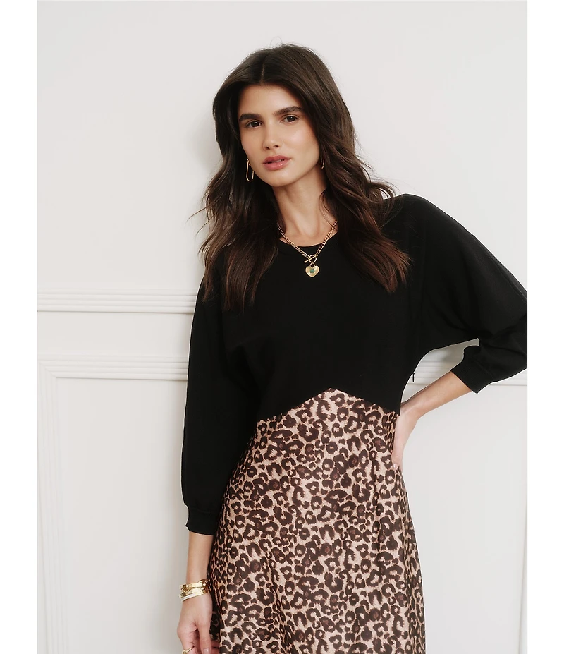 Current Air Mix Media Cheetah Crew Neck 3/4 Sleeve A-Line Midi Dress