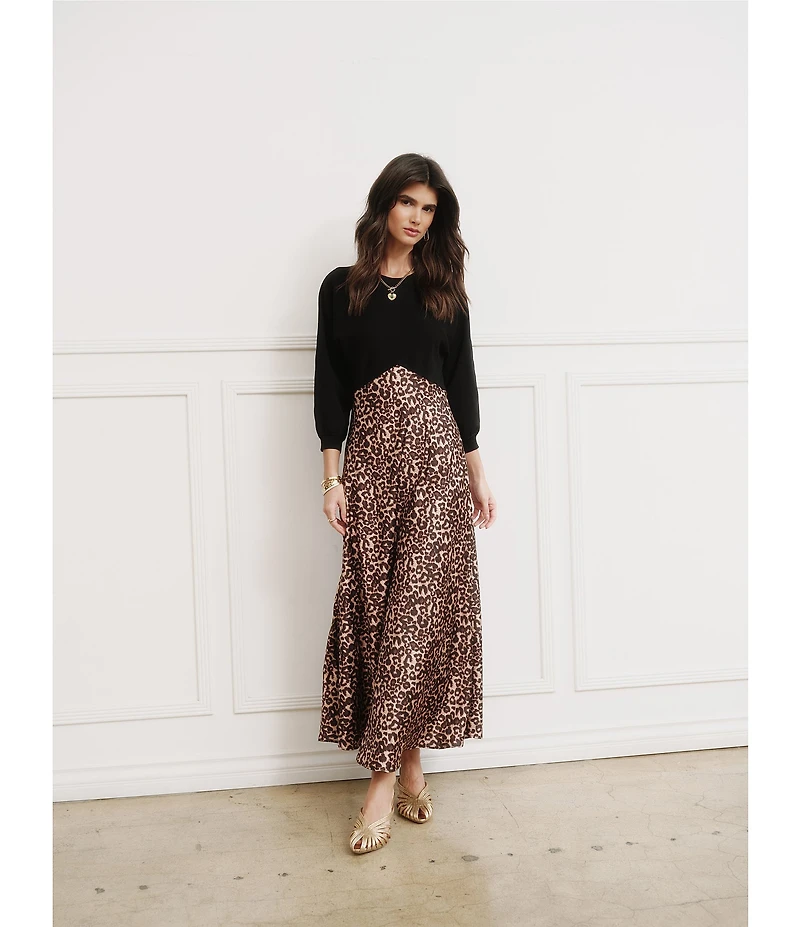 Current Air Mix Media Cheetah Crew Neck 3/4 Sleeve A-Line Midi Dress