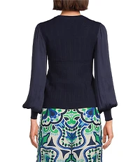 Current Air Mixed Media Pointelle Round Neck Long Sleeve Top