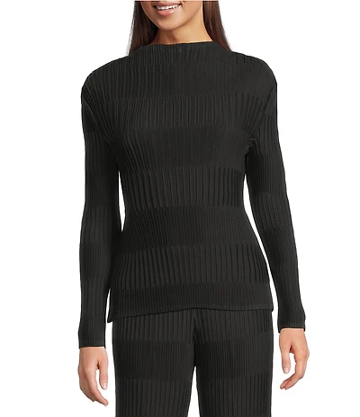 Current Air Novelty Pleated Mock Neck Long Sleeve Top