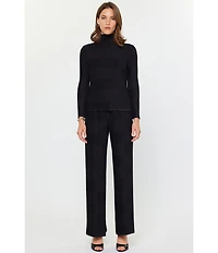 Current Air Novelty Pleated Mock Neck Long Sleeve Top