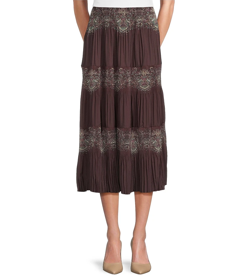 Current Air Paisley Print Pleated Tiered A-Line Midi Skirt