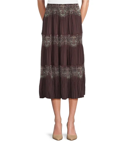 Current Air Paisley Print Pleated Tiered A-Line Midi Skirt