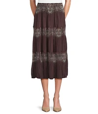Current Air Paisley Print Pleated Tiered A-Line Midi Skirt