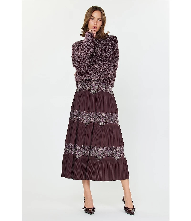 Current Air Paisley Print Pleated Tiered A-Line Midi Skirt
