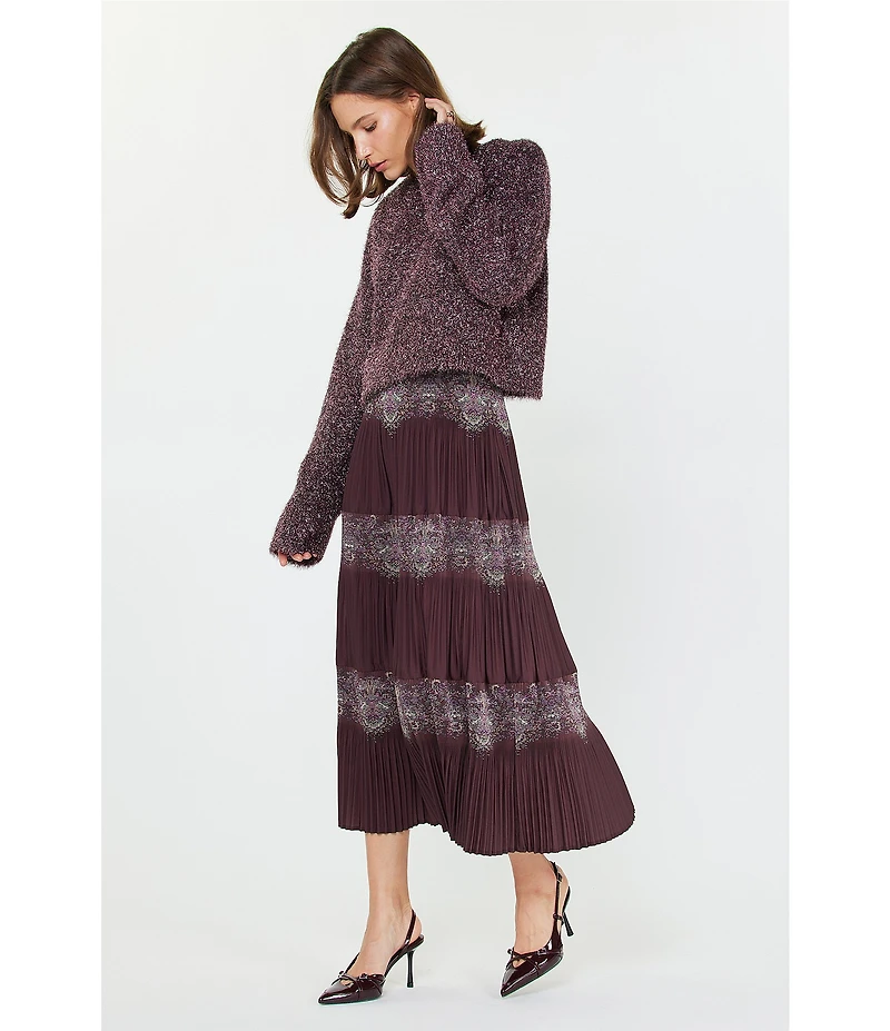 Current Air Paisley Print Pleated Tiered A-Line Midi Skirt