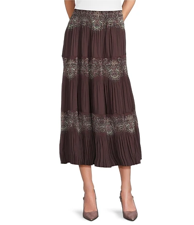 Current Air Paisley Print Pleated Tiered A-Line Midi Skirt