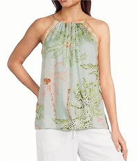 Current Air Palm Print Contrast Trim Halter Neck Sleeveless Top