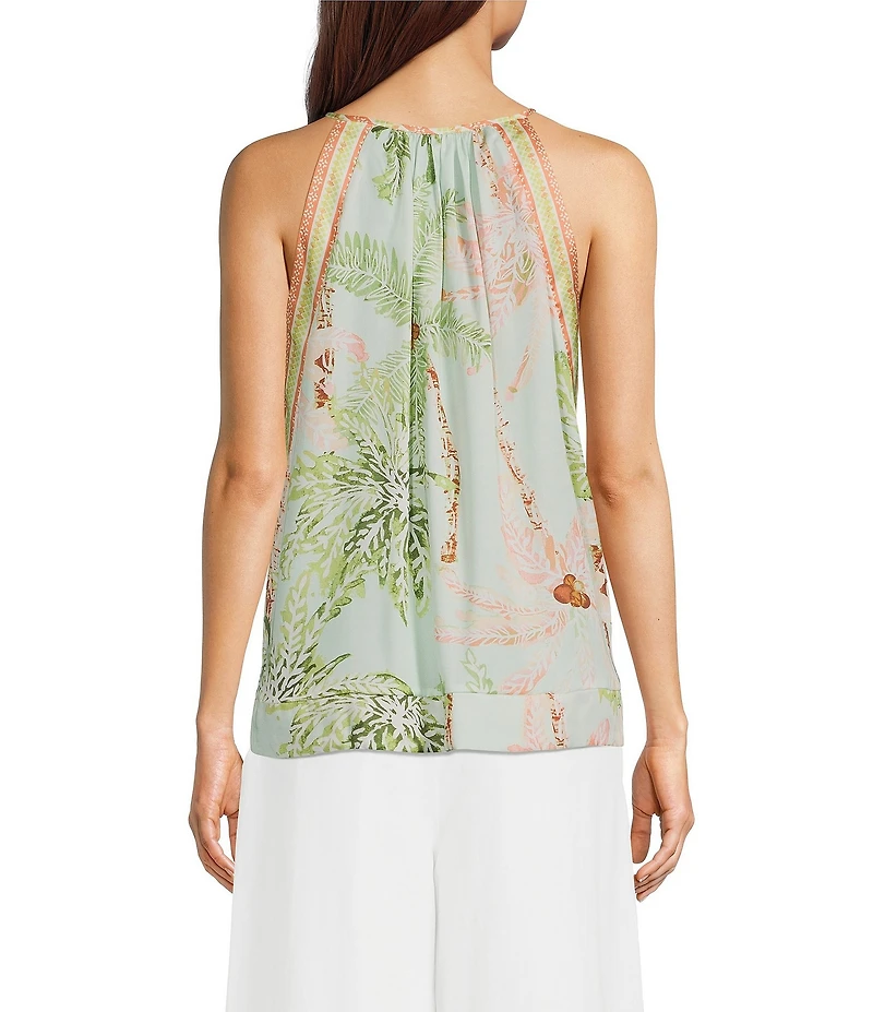 Current Air Palm Print Contrast Trim Halter Neck Sleeveless Top