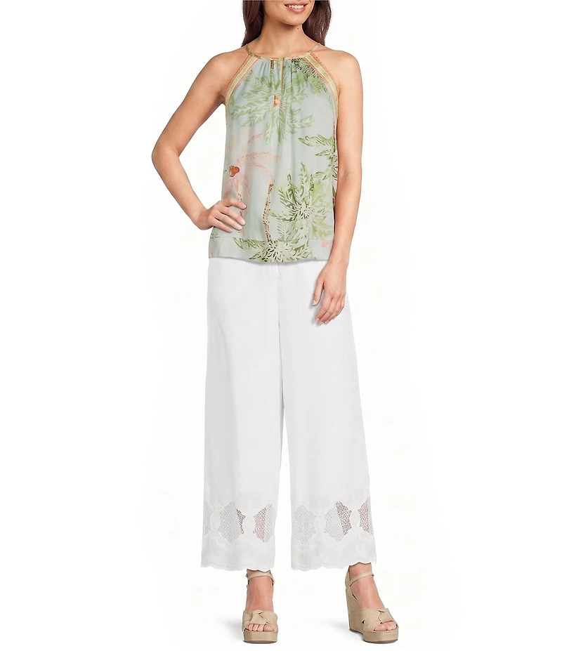 Current Air Palm Print Contrast Trim Halter Neck Sleeveless Top
