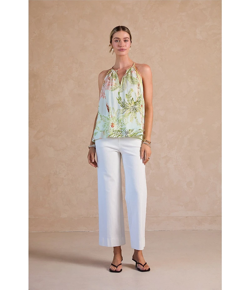 Current Air Palm Print Contrast Trim Halter Neck Sleeveless Top