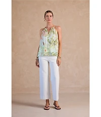 Current Air Palm Print Contrast Trim Halter Neck Sleeveless Top