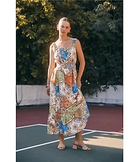 Current Air Patchwork Linen Blend Square Neck Sleeveless Belted Dress