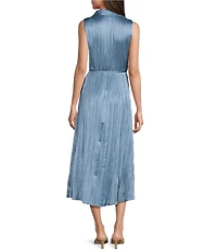Current Air Pleated Collared Sleeveless Button Front Midi Shirtdress