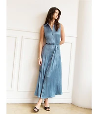Current Air Pleated Collared Sleeveless Button Front Midi Shirtdress