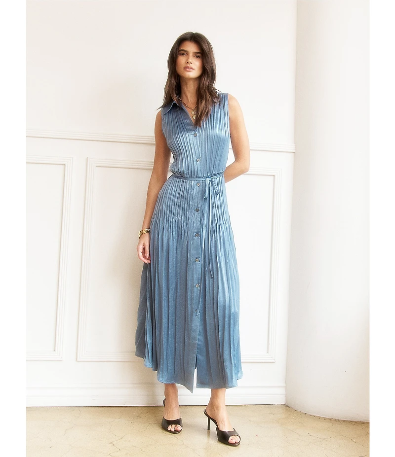 Current Air Pleated Collared Sleeveless Button Front Midi Shirtdress