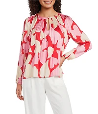 Current Air Pleated Satin Heart Print Round Neck Long Sleeve Blouse