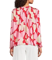 Current Air Pleated Satin Heart Print Round Neck Long Sleeve Blouse