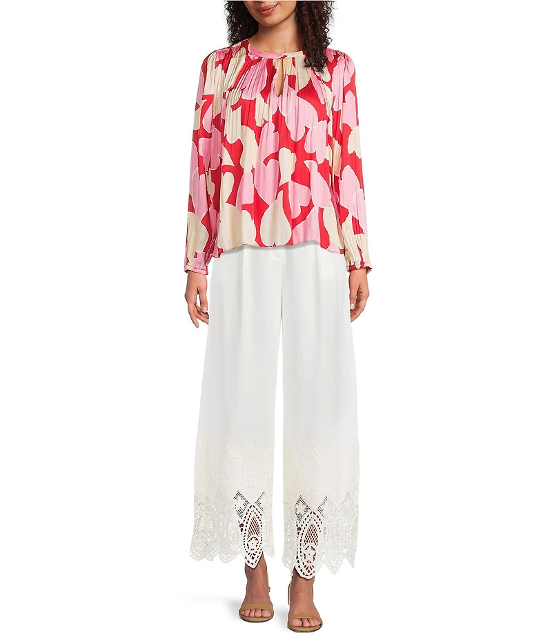 Current Air Pleated Satin Heart Print Round Neck Long Sleeve Blouse