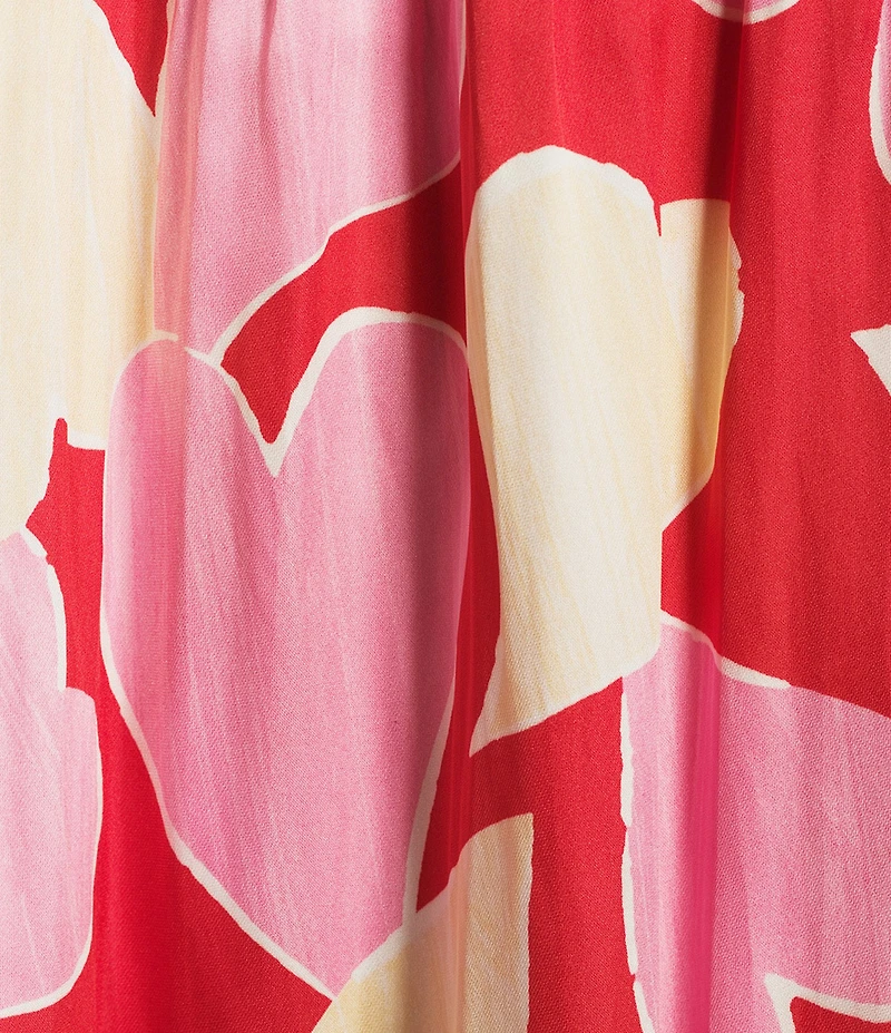 Current Air Pleated Satin Heart Print Round Neck Long Sleeve Blouse