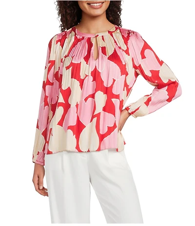 Current Air Pleated Satin Heart Print Round Neck Long Sleeve Blouse