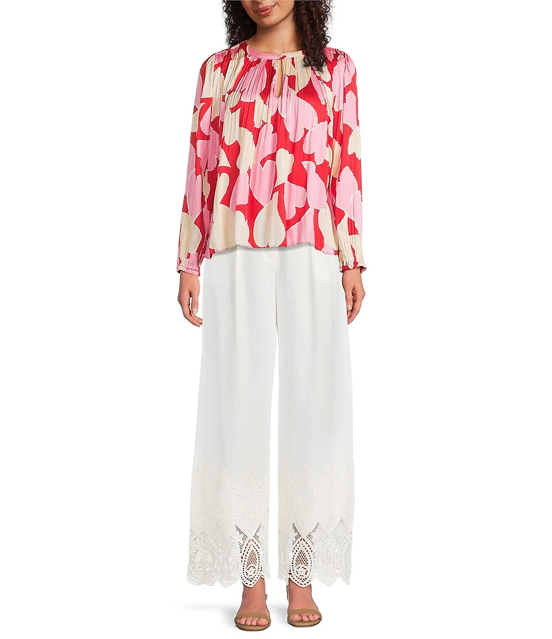 Current Air Pleated Satin Heart Print Round Neck Long Sleeve Blouse