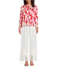 Current Air Pleated Satin Heart Print Round Neck Long Sleeve Blouse