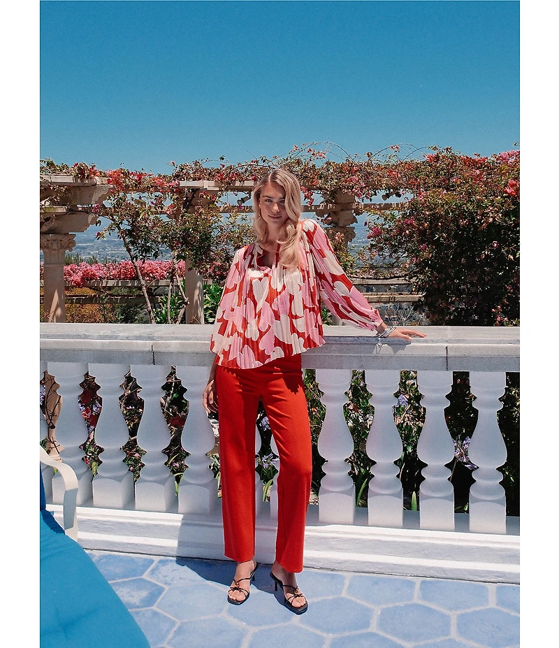 Current Air Pleated Satin Heart Print Round Neck Long Sleeve Blouse
