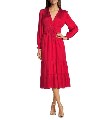 Current Air Pleated Satin V-Neck Long Sleeve Elastic Tie Waist A-Line Midi Dress