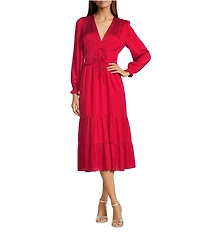 Current Air Pleated Satin V-Neck Long Sleeve Elastic Tie Waist A-Line Midi Dress