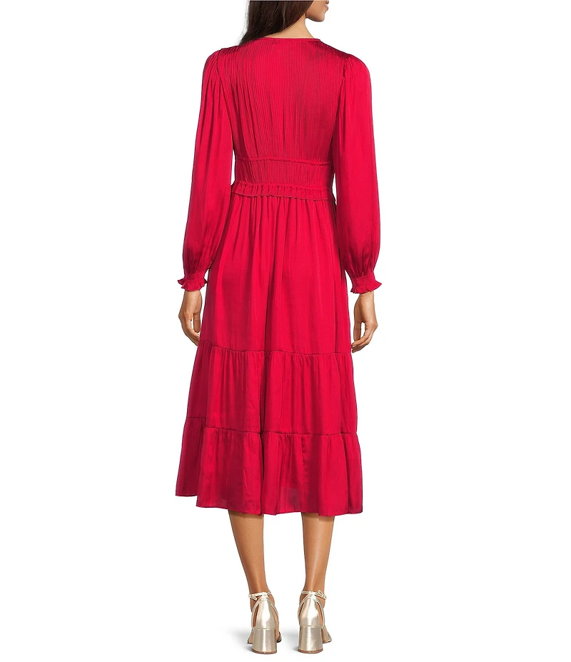 Current Air Pleated Satin V-Neck Long Sleeve Elastic Tie Waist A-Line Midi Dress